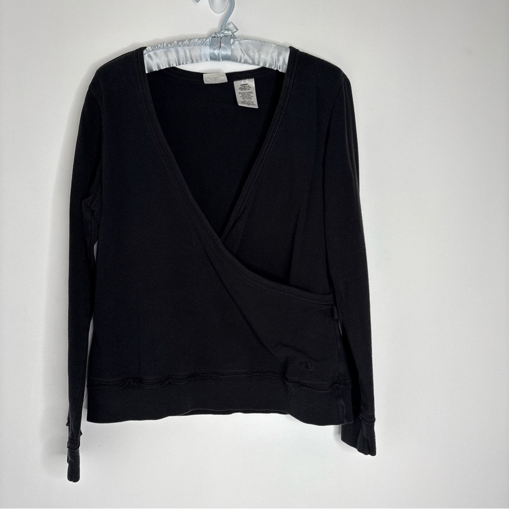 Athletic Works Black Sweatshirt Large Missy 12/14 Cross Over Style Distressed